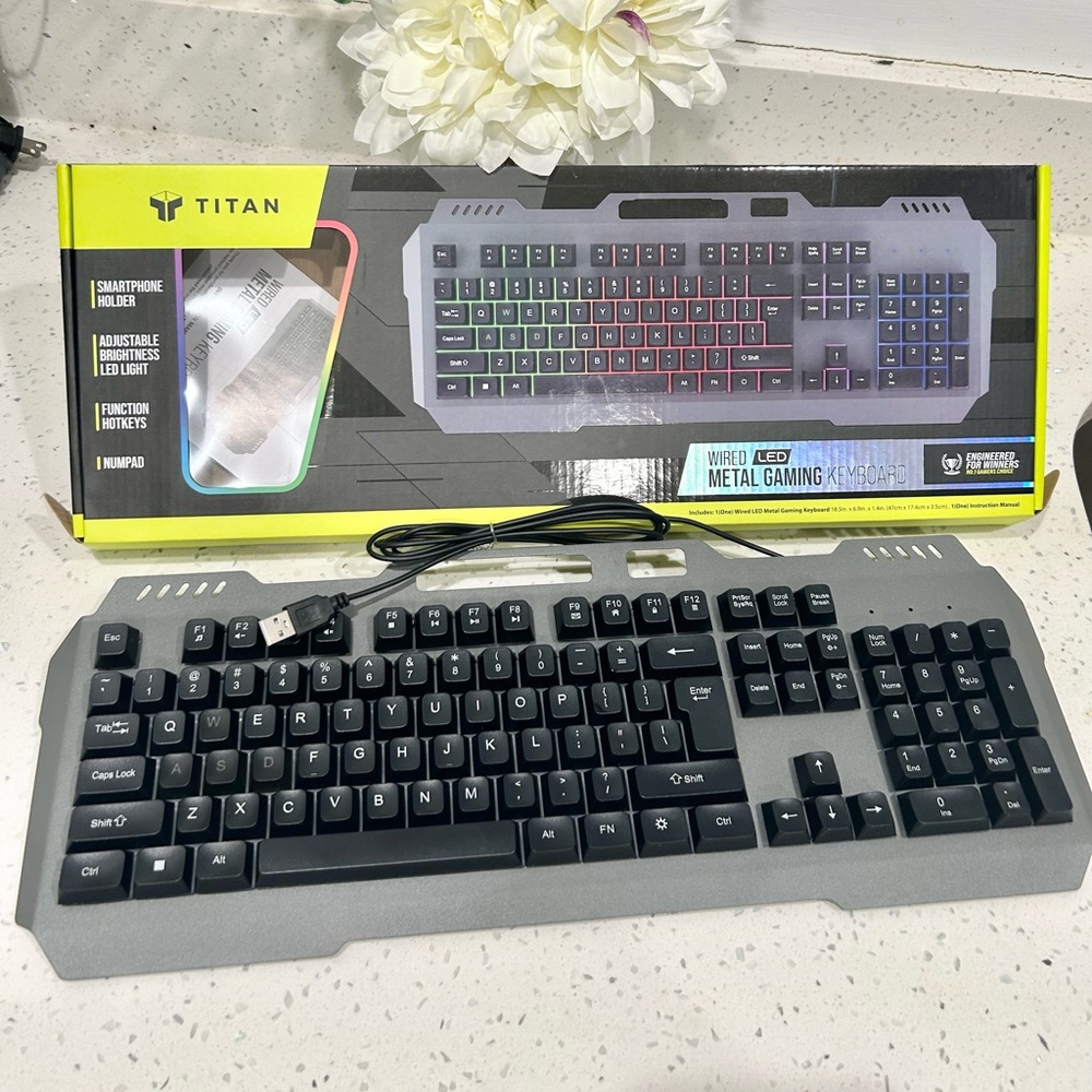 Titan Wired LED Gaming metal keyboarded with smartphone holder